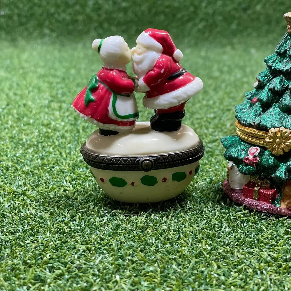 Vintage Lot Decorative Hinged Santa Christmas Tree Tabletop Trinket Box